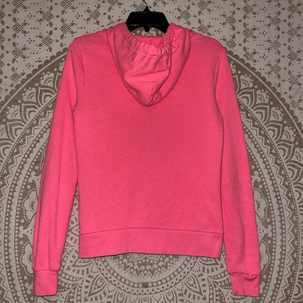"PINK" HOT PINK AND BLACK ZIP UP HOODIE WITH POCKETS, SIZE SMALL - Picture 2 of 3
